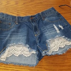 Listicle Lace Trimmed Jean Shorts L